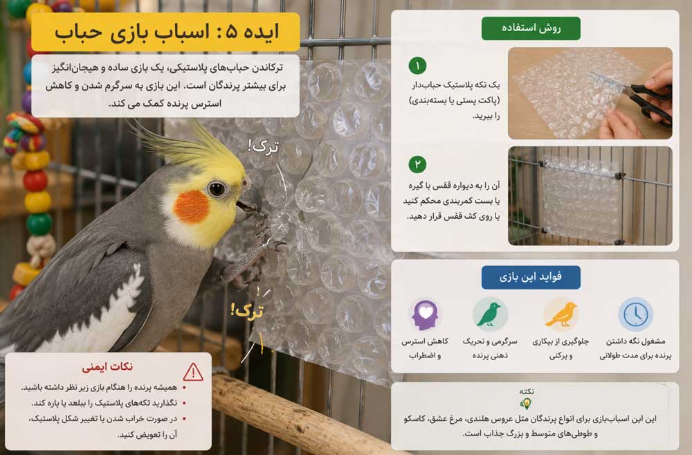 طوطی در حال ترکاندن حباب‌های پلاستیک حباب‌دار که به‌صورت ایمن برای بازی استفاده شده است